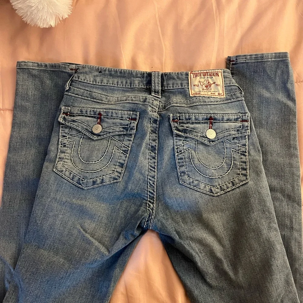 True Religion Light Blue Straight-Leg Jeans with Flap Back Pockets